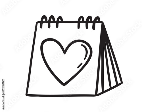 Flip up desk calendar big heart, day of meeting, love day, date doodle hand drawn icon. Outline line drawing clipart symbol