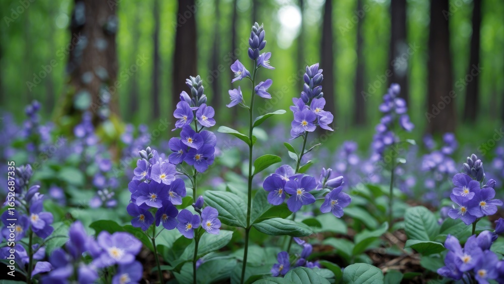 Fototapeta premium Serene forest landscape filled with colorful flowers and verdant foliage