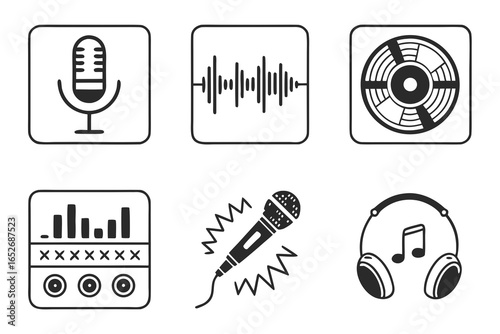 Music and sound related icons with microphone, headphones isolated on white background
