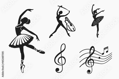 Elegant ballet dancers and musical notes isolated on white background