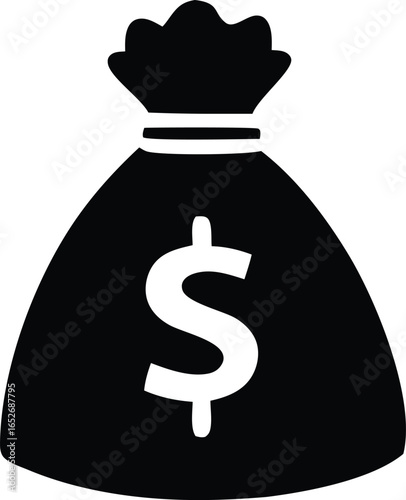 Iconic silhouette of a black money bag with a prominent white dollar sign symbolizing wealth and financial gain