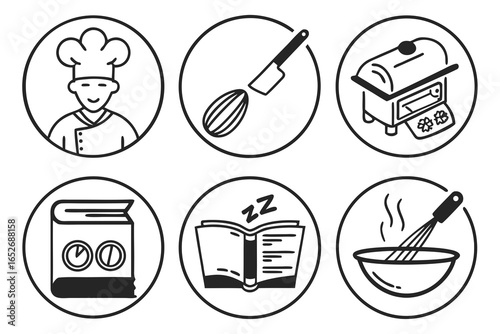 Set of six vector icons of cooking related objects isolated on white background