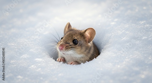 Close-up of a tiny field mouse peeking out from a snow hole in a cold winter landscape