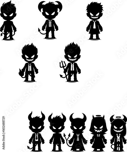 Vector sketch illustration collection of silhouette sketches, design images of devils, devils, hell dwellers, cute, funny, chibi, enemies of humans