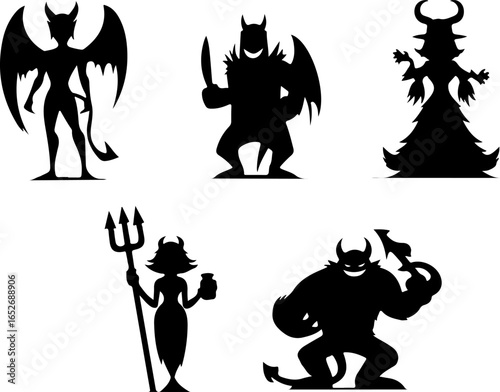 Vector sketch illustration collection of silhouette sketches, design images of devils, devils, hell dwellers, cute, funny, chibi, enemies of humans