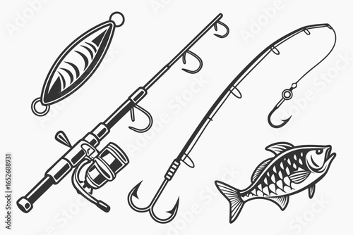 Fishing equipment icons isolated on white background