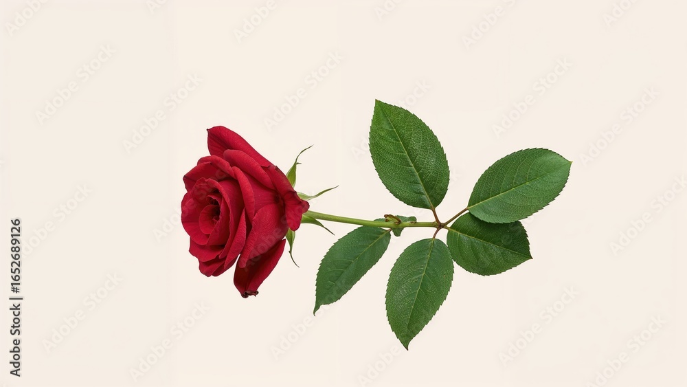 Fototapeta premium Lateral view of a ruby flower with leaves on a light background