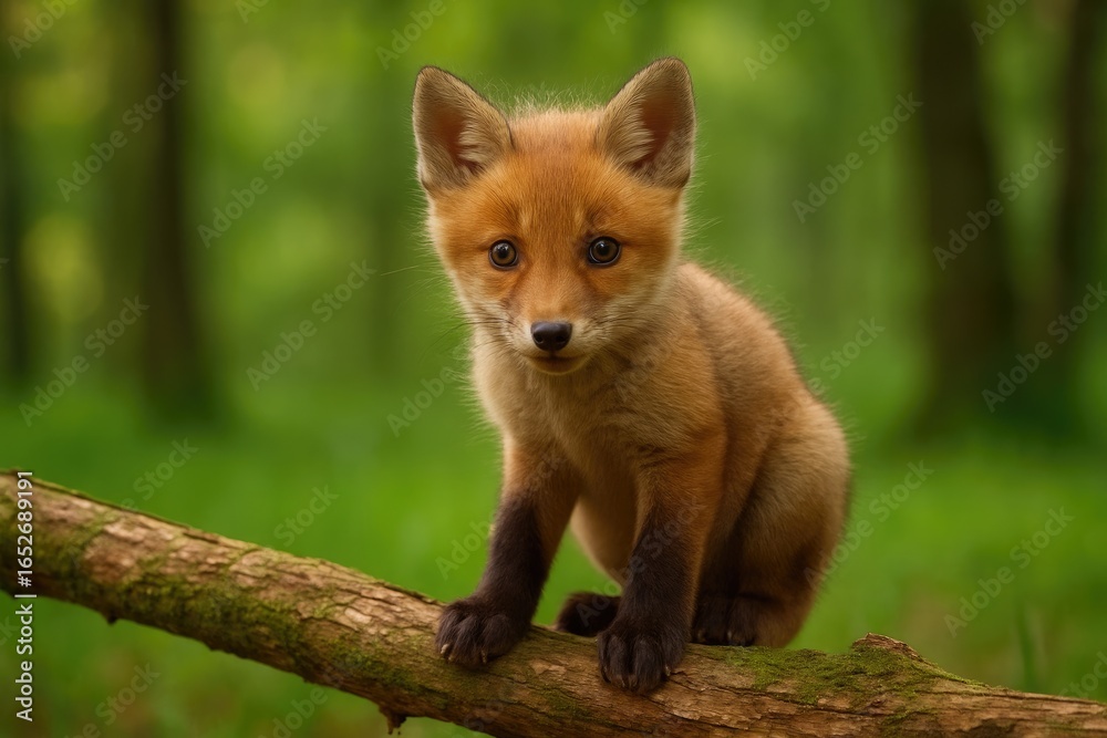 Fototapeta premium Small wild fox in its natural environment, perched on a tree branch