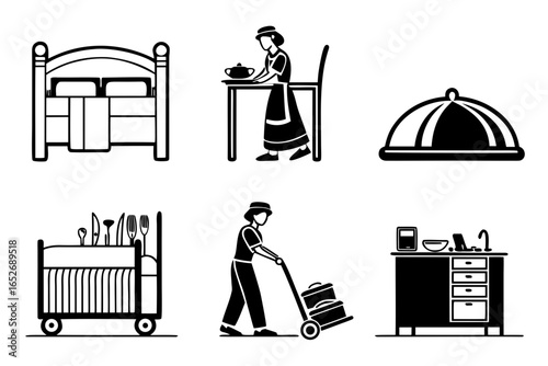 Hotel service icons isolated on white background showing various hotel staff