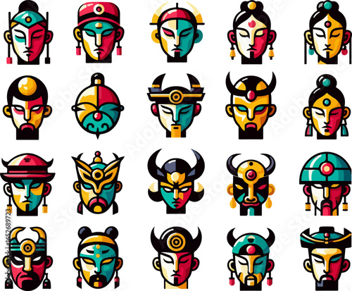 Vector sketch illustration image design collection of cute and cool Chinese character mask symbol icons, modern abstract models for decorative ornaments