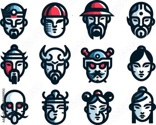 Vector sketch illustration image design collection of cute and cool Chinese character mask symbol icons, modern abstract models for decorative ornaments