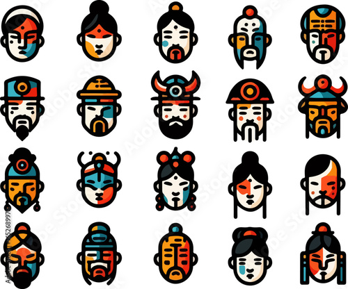 Vector sketch illustration image design collection of cute and cool Chinese character mask symbol icons, modern abstract models for decorative ornaments