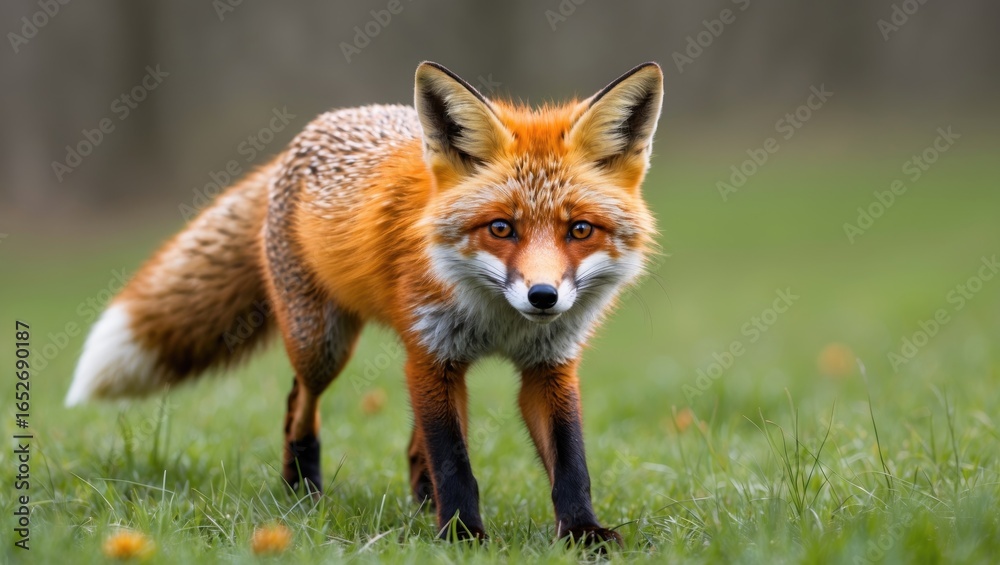 Obraz premium Wild red fox strolling through lush grass