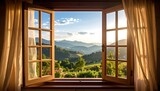 Mountain vista through an open window