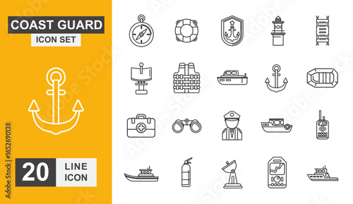 Coast guard icon set. Ship, military, transport, security, safety, boat, radar and more line icon.