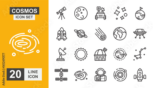 Cosmos icon set. Space, ufo, star, galaxy, planet, rocket, moon, satellite and more line icon.