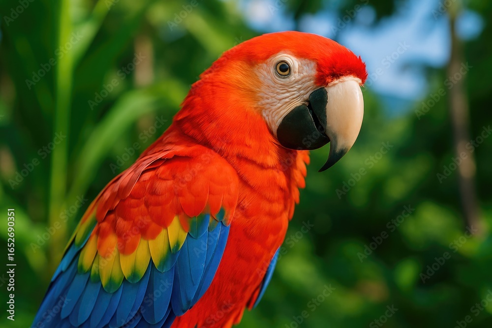 Obraz premium Vivid Scarlet Parrot Flying High