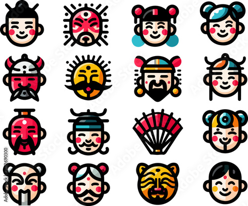 Vector sketch illustration image design collection of cute and cool Chinese character mask symbol icons, modern abstract models for decorative ornaments