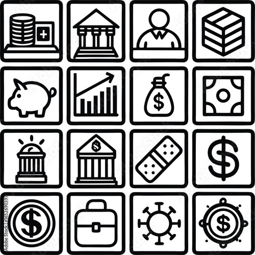 Collection of financial and business icons representing banking savings growth and health in a grid layout