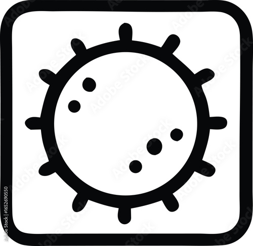 Stylized icon of a coronavirus particle with spikes and internal dots representing genetic material or proteins