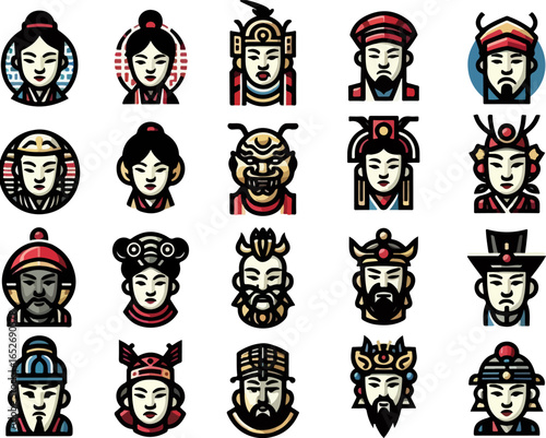 Vector sketch illustration image design collection of cute and cool Chinese character mask symbol icons, modern abstract models for decorative ornaments