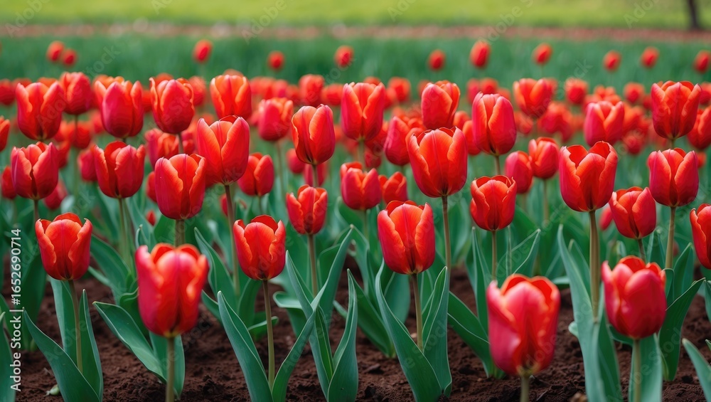 Obraz premium Bright red tulip blossoms covering a lush field