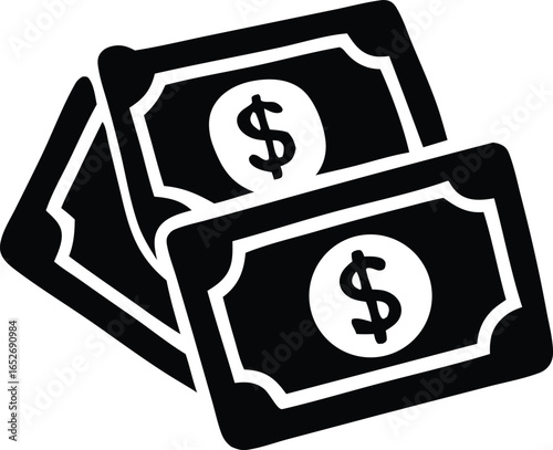 Stylized black and white icon representing multiple dollar bills with prominent dollar signs