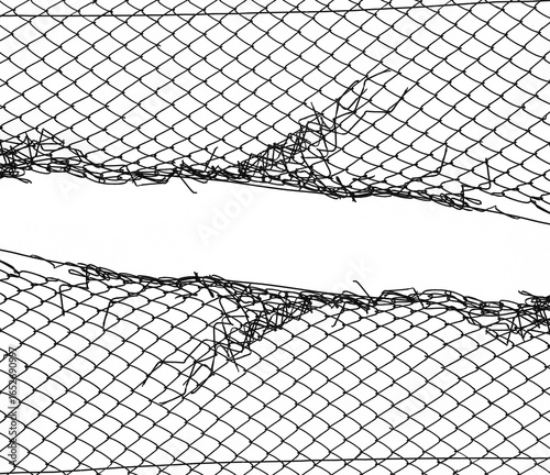 Foto Opening in metallic fence isolated on white background  breakthrough concept