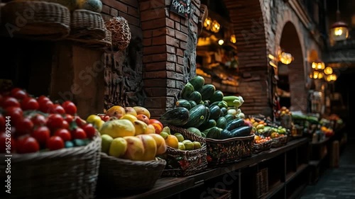 Bustling Indoor Market Scene with Abundant Fresh Fruits and Vegetables on Display A Vibrant Selection of Healthy Organic Produce