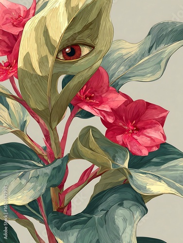 Botanical illustration of a plant with red flowers and an eye on a leaf