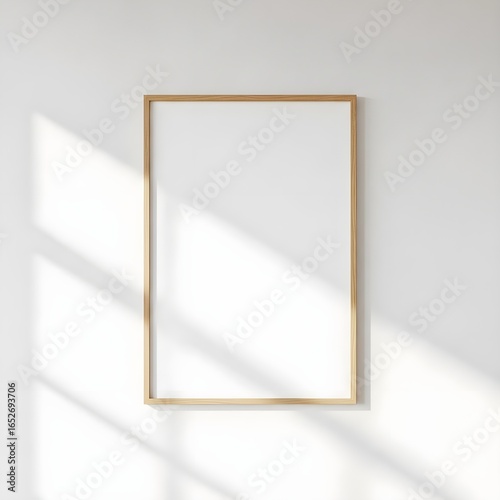 Vertical wooden frame mockup on a white wall with natural light and window shadows