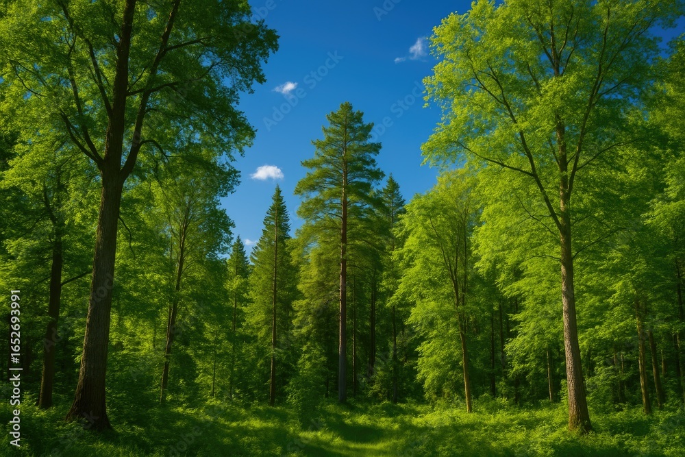 A scenic view of a forest with a variety of tree species A scenic view of a forest with a variety of tree species