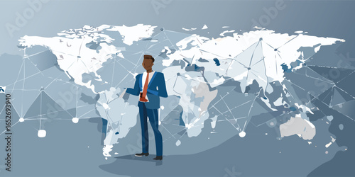 A businessman standing on a digital world map with glowing connection lines spreading across continents; symbolizes global trade, technology, and networking.