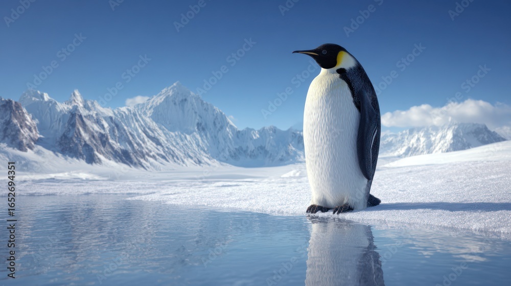 Naklejka premium An Emperor penguin stands serenely near the water with snow-capped mountains behind it