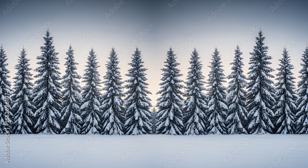 Obraz premium Pristine Winter Landscape with Symmetrical Row of Snow-Covered Fir Trees