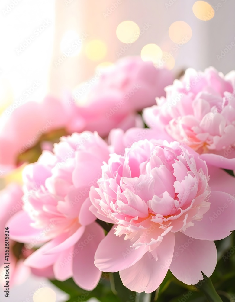 Fototapeta premium Soft pink peony blossoms with bokeh lights, a dreamy floral arrangement