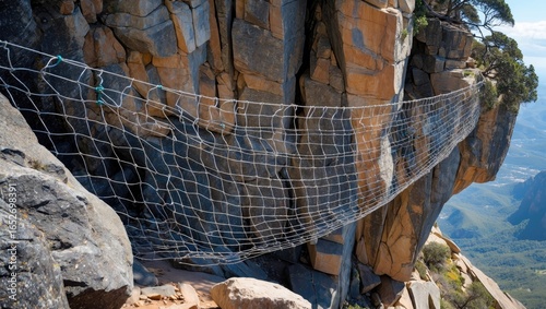 Photo showing durable rockfall netting designed to safeguard cars from falling debris on steep cliffs
