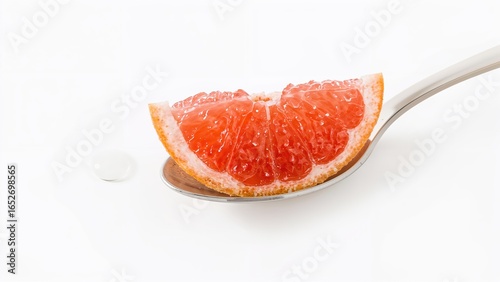 Red grapefruit segment on a teaspoon, citrus treat