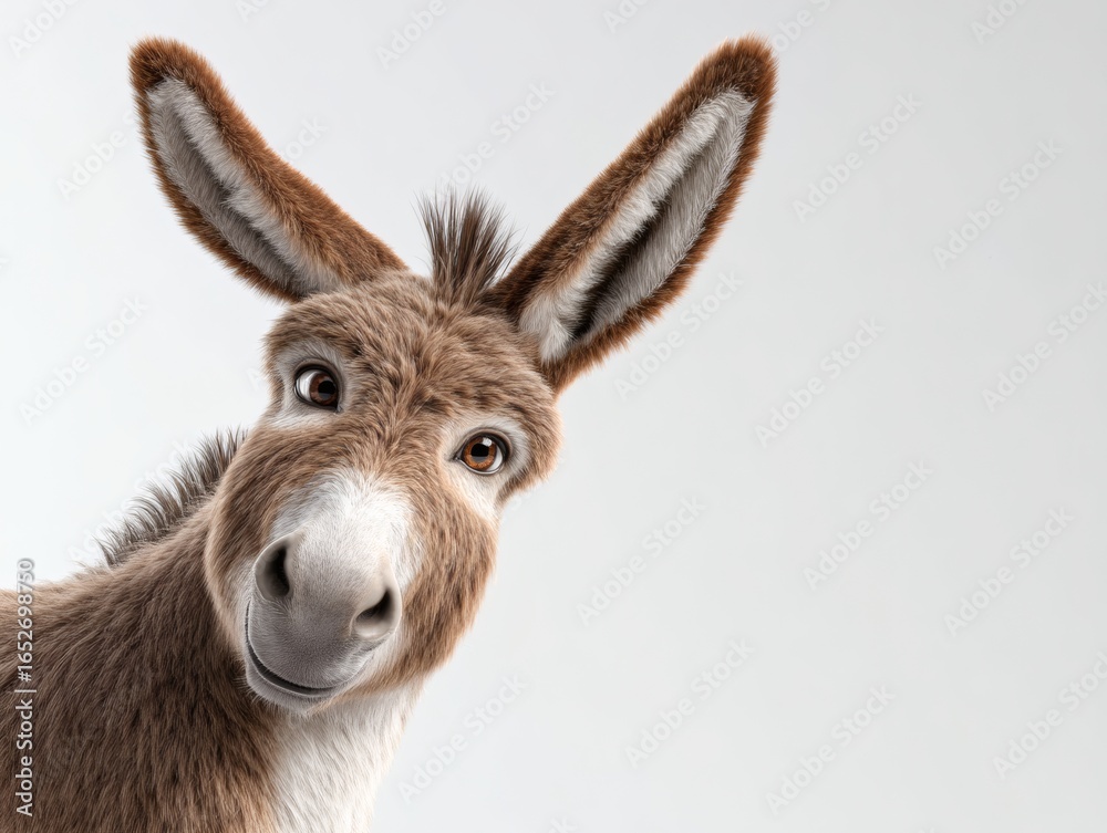 A smiling donkey with long ears rendered in ultra detailed 8k 3D peers curiously into the camera, its fur finely textured and its expression gentle and engaging. A smiling donkey with long ears rendered in ultra detailed 8k 3D peers curiously into the camera, its fur finely textured and its expression gentle and engaging.