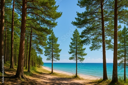 Fototapeta Naklejka Na Ścianę i Meble -  Coastal scenery featuring pine forests