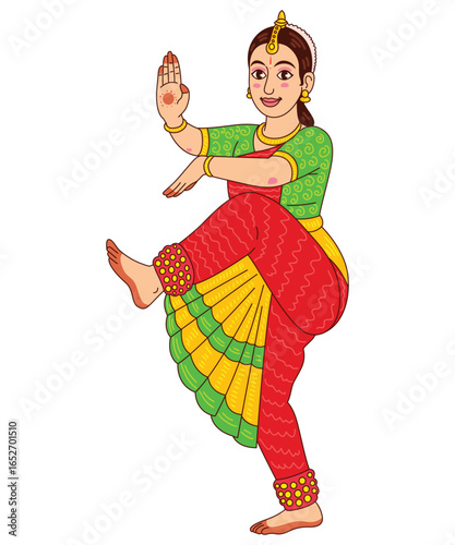 Colorful vector of an Indian woman performing Bharatanatyam classical dance pose in traditional costume