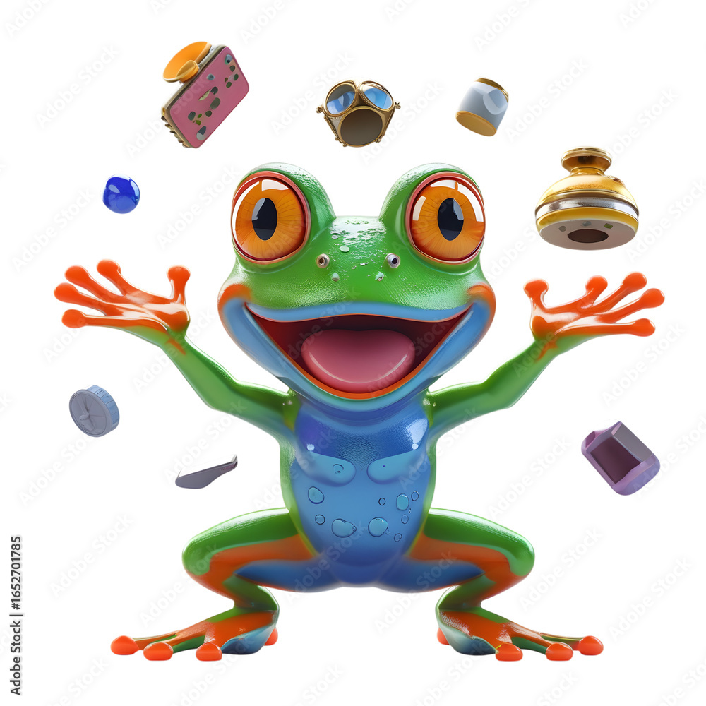 Obraz premium Vibrant Happy Frog With Floating Objects 3D Render