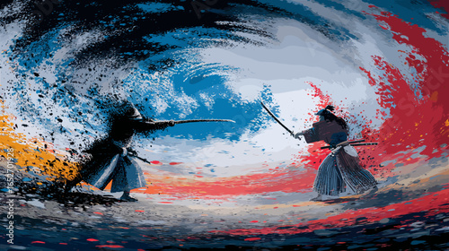 激突する侍たち 、 浮世絵風の劇的な決闘シーン
