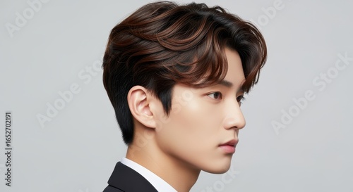 Professional side profile portrait of a handsome young East Asian man with a stylish modern wavy hairstyle