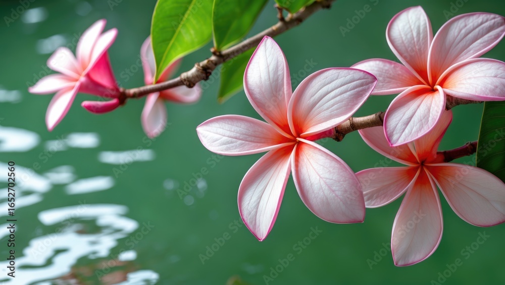 Bright Pink Plumeria Flowers Set on a Green Background