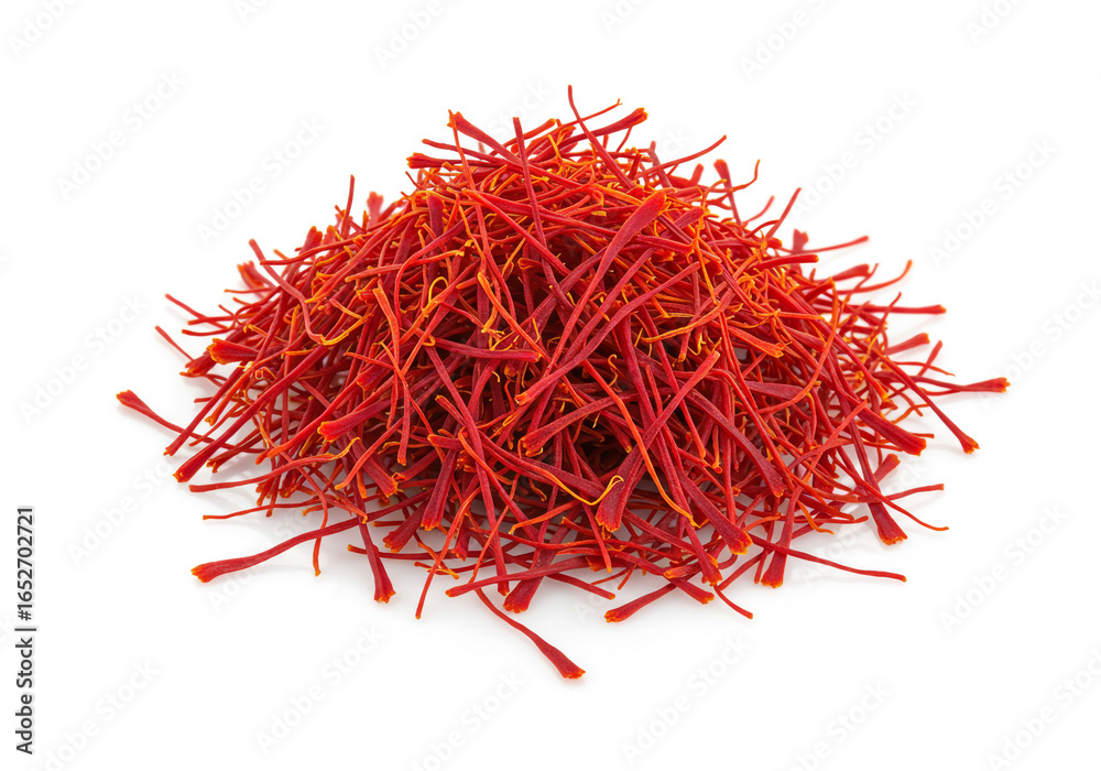 Naklejka premium A vibrant pile of saffron threads, showcasing their intense red color on a white background