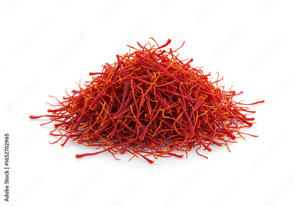 Fototapeta premium A close up shot of a pile of vibrant red saffron threads on a clean white background surface