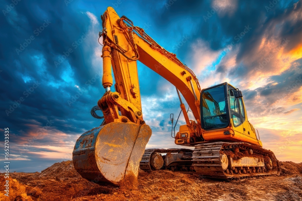 A large yellow excavator digs into earth at a construction site under a dramatic, colorful sunset sky A large yellow excavator digs into earth at a construction site under a dramatic, colorful sunset sky
