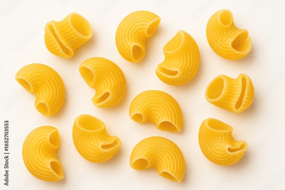 Pipe rigate pasta displayed on a plain white backdrop Pipe rigate pasta displayed on a plain white backdrop
