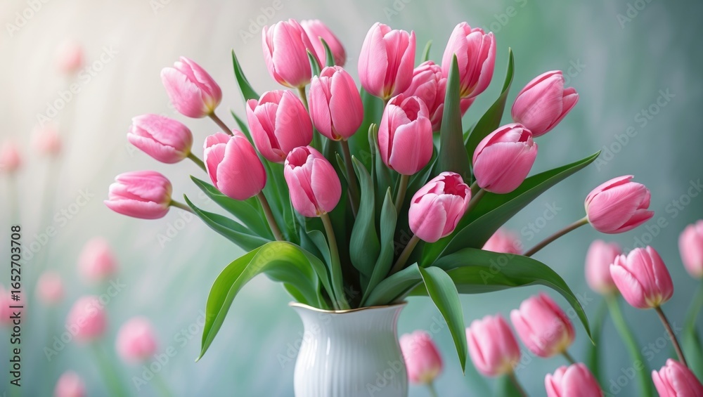 Fototapeta premium Pink tulip bouquet displayed in a vase